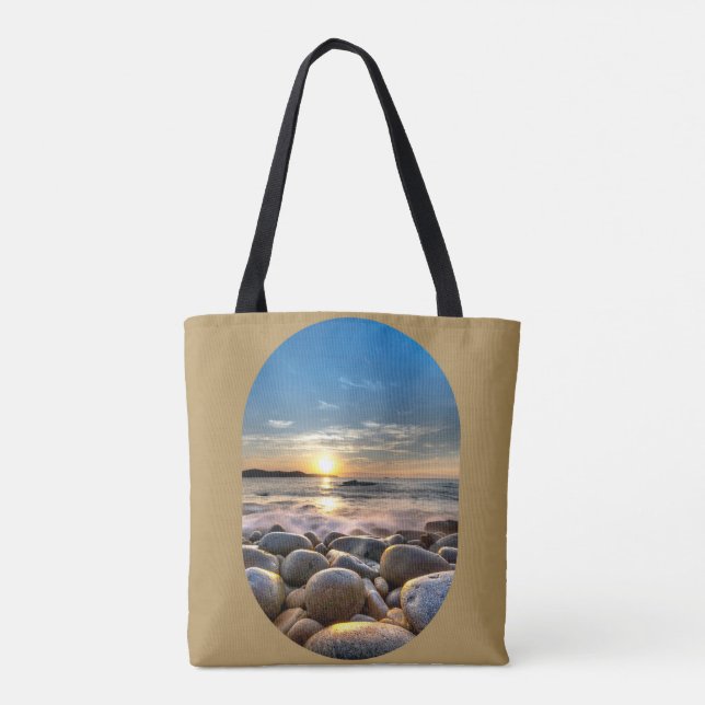 BEAUTIFUL BEACH SUNSET SUNRISE ON BROWN BACKGROUND TOTE BAG (Back)