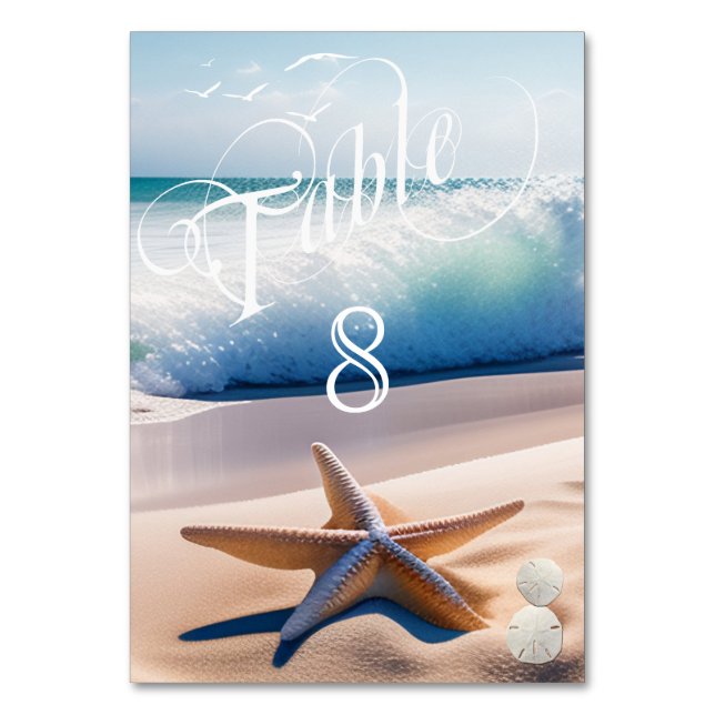 Beautiful Beach Turquoise Waves Seagulls Starfish  Table Number (Front)