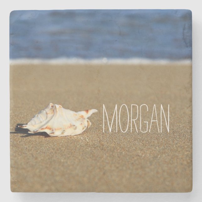 Beautiful Beach Waves | Seashell Monogram Stone Coaster (Front)