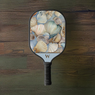 Beautiful Beachy Watercolor Sea Shells Monogram Pickleball Paddle