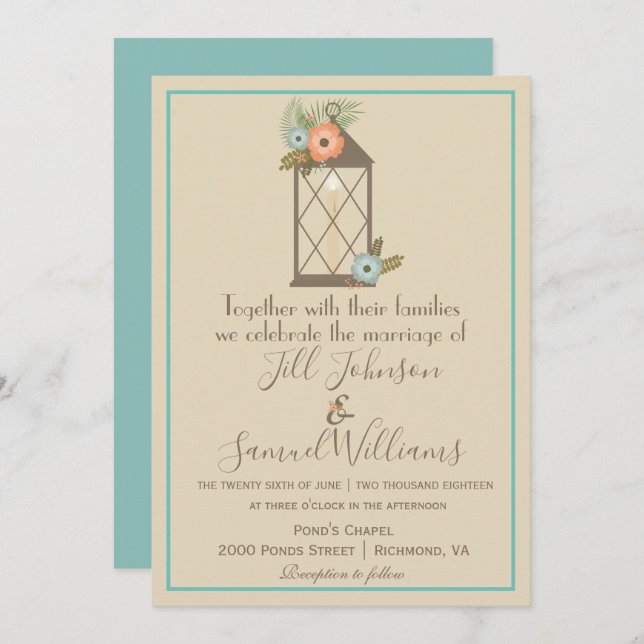 Beautiful Beige and Blue Candle Lantern Wedding Invitation (Front/Back)