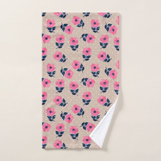 Beautiful Beige and Pink Floral Polka Dot Pattern Hand Towel (Hand Towel)