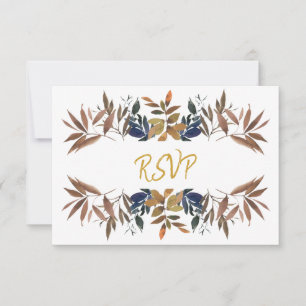 Beautiful Beige Blue Gold Foliage Wedding RSVP Card