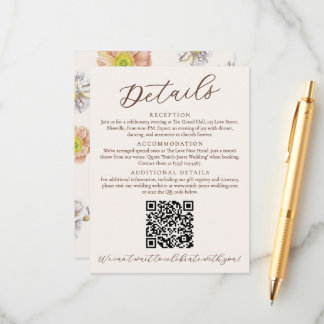 Beautiful Beige Floral Wedding Details and QR Code Enclosure Card