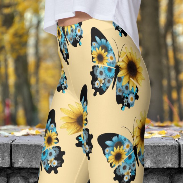 Beautiful Beige Yellow Butterfly Flowers Pattern Leggings (Butterfly Flowers on Beige Leggings)