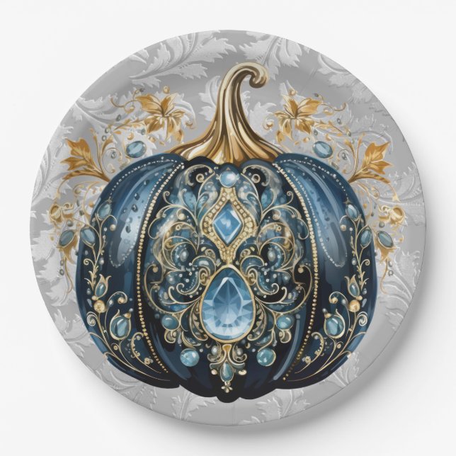 Beautiful bejeweled blue and gold pumpkin paper plate (Front)
