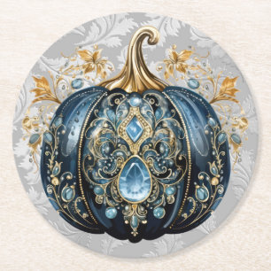 Beautiful bejeweled blue and gold pumpkin round paper coaster