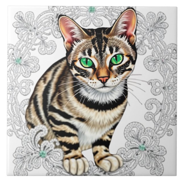 Beautiful Bengal Cat in Lace Background Tile (Front)