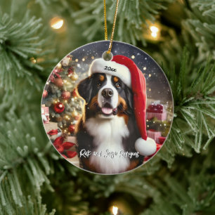 Beautiful Bernese Mountain Dog with Santa Hat Ceramic Tree Decoration