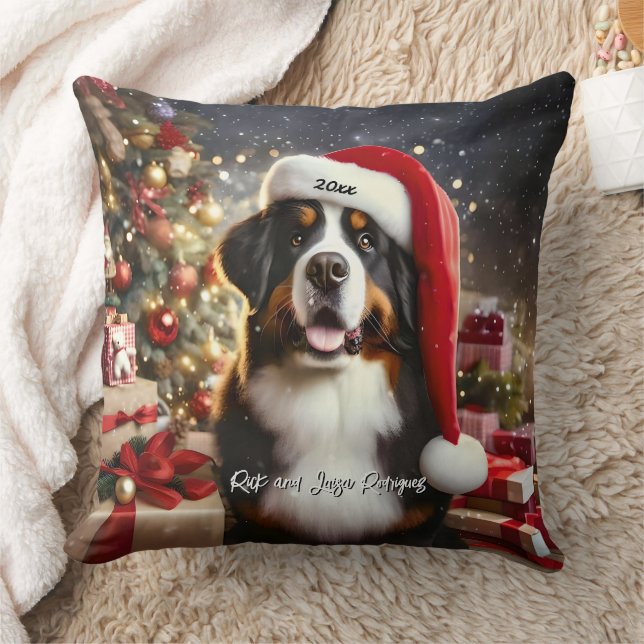 Beautiful Bernese Mountain Dog with Santa Hat Cushion (Blanket)
