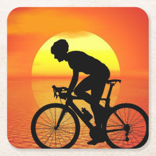 Beautiful Bicycle Silhouette Sunset Scene Colourfu Square Paper Coaster