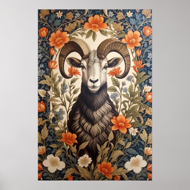 Beautiful Big Horn Sheep William Morris Inspired Poster (Front)