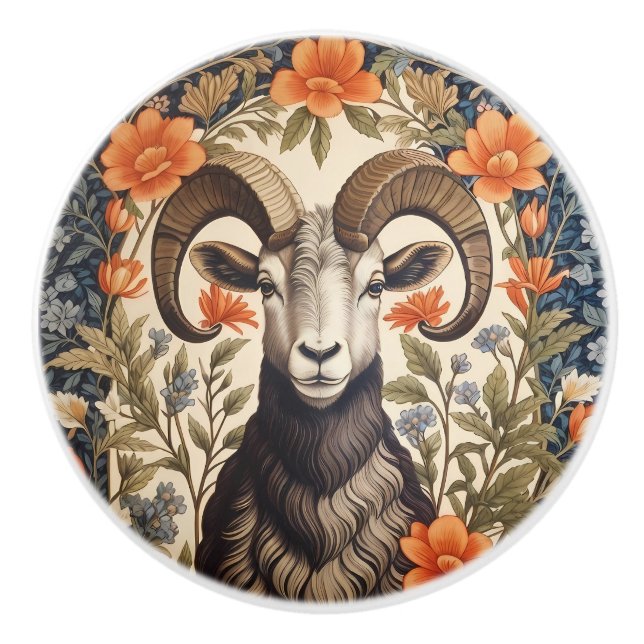 Beautiful Bighorn Sheep William Morris Inspired Ceramic Knob (Front)