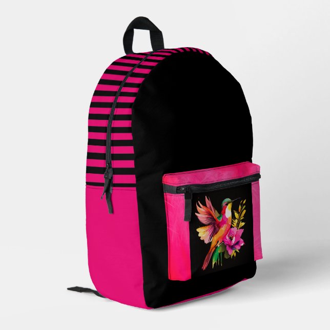 Beautiful Bird and Flowers Pattern, Black Stripes  Printed Backpack (Back Corner Left)