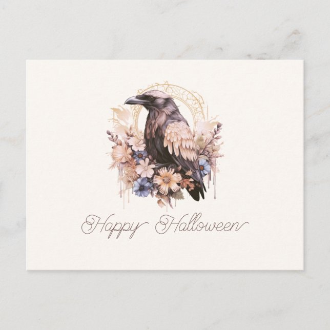 Beautiful Bird Floral Happy Halloween Holiday Postcard (Front)