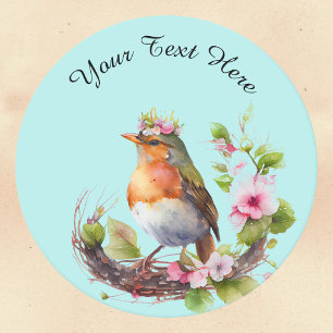 Beautiful Bird on Branches with Flowers Monogram Round Paper Coaster
