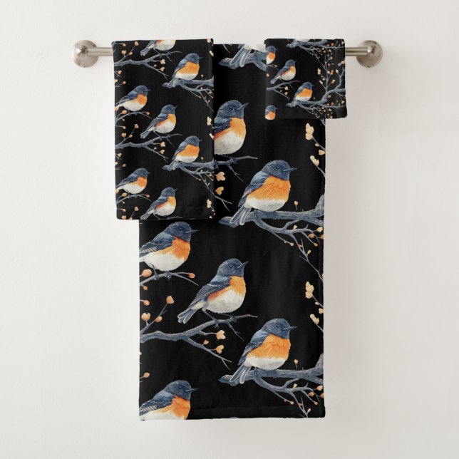 Beautiful Bird Pattern on Black Bath Towel Set (Insitu)
