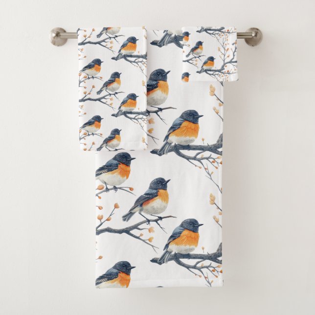 Beautiful Bird Pattern on White Bath Towel Set (Insitu)