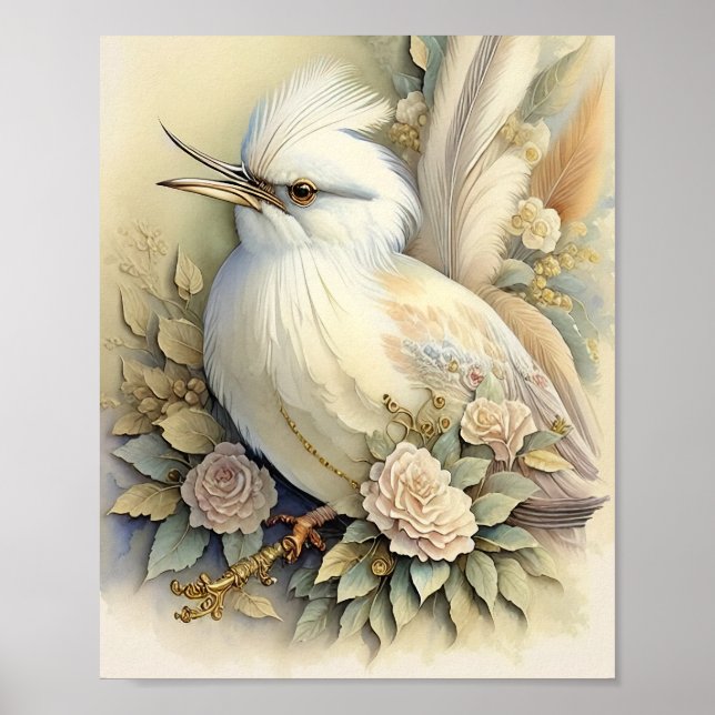 Beautiful Bird Print Feathers Soft Neutrals Roses (Front)
