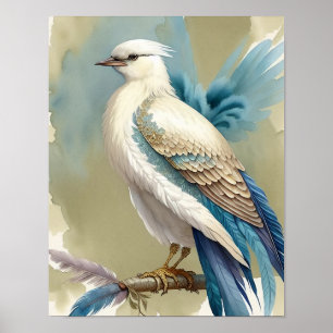Beautiful Bird Print Feathers Teal Blue Ivory Gold