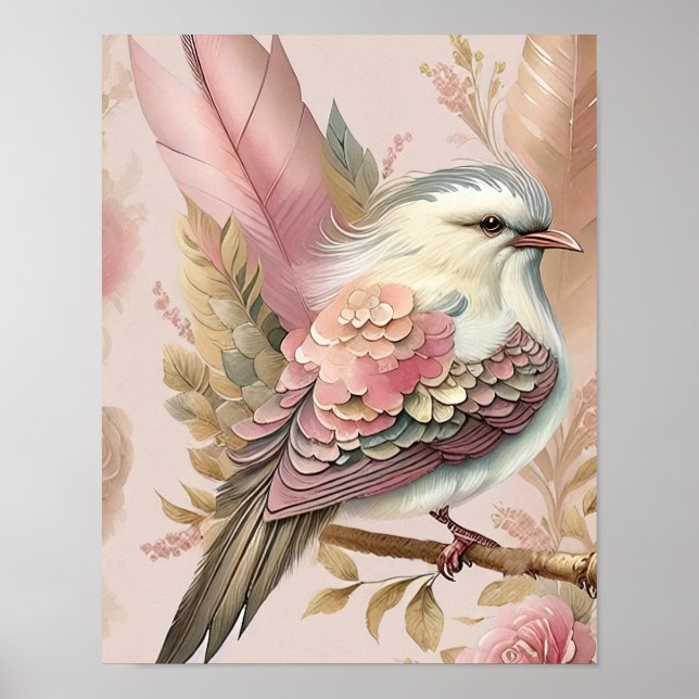 Beautiful Bird Print Pink Ivory Feathers Roses (Front)