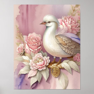 Beautiful Bird Print Pink Ivory Feathers Roses
