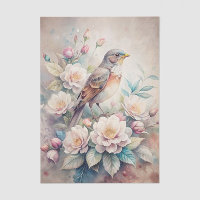 Beautiful Bird with Flowers in Pastel Shades Tissue Paper (Front)