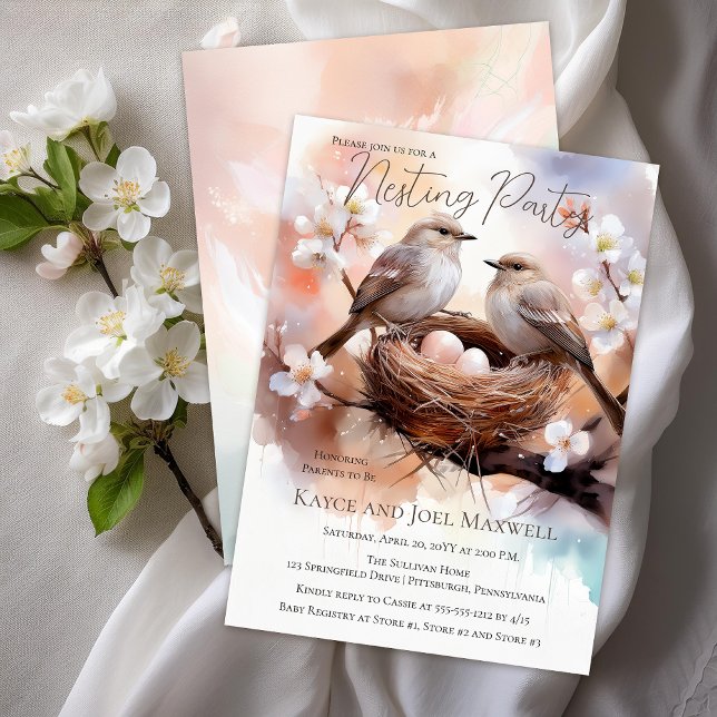 Beautiful Birds Nesting Party Twins Baby Shower Invitation (Beautiful Birds In Nest Twins Nesting Party Gender Neutral Baby Shower Invitation - Print | Download)