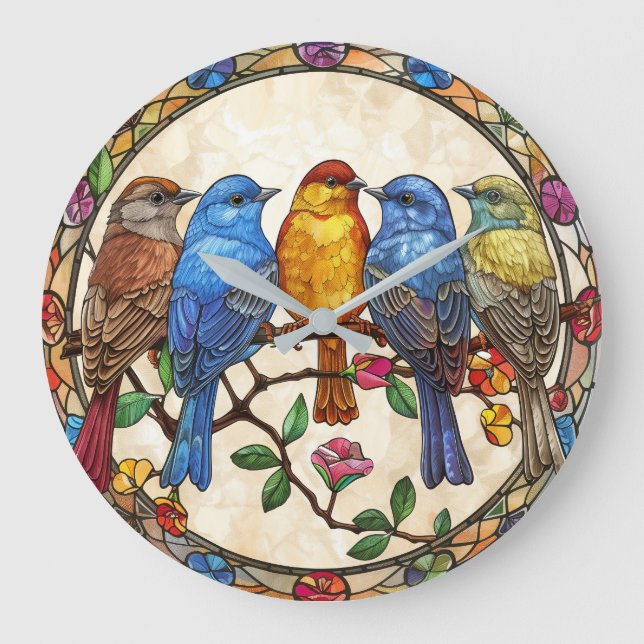 Beautiful Birds Plants Glass Effect Painting Art Large Clock (Front)