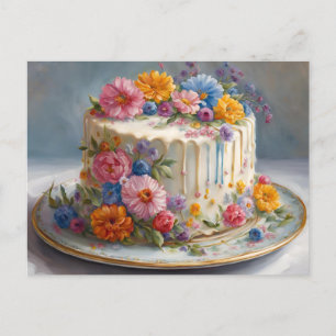 Beautiful Birthday Cake with Flowers  Postcard