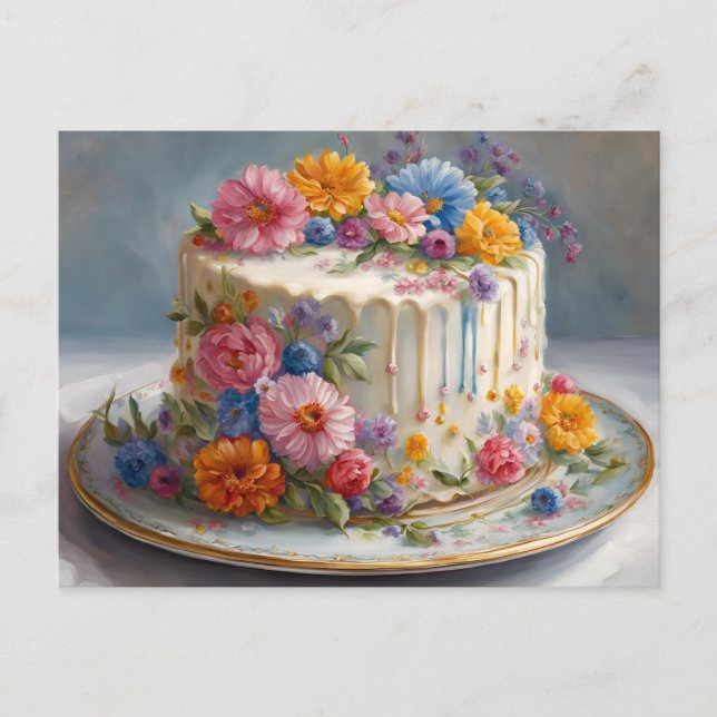 Beautiful Birthday Cake with Flowers  Postcard (Front)