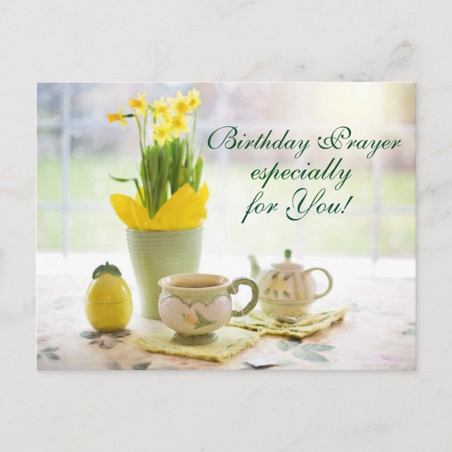 Beautiful Birthday Prayer Tea and Daffodils Postcard (Front)