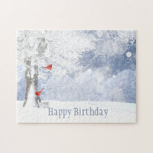 Beautiful Birthday Winter Trees Cardinal Birds  Jigsaw Puzzle