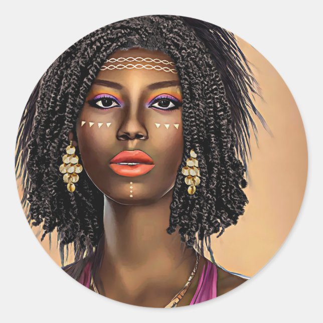 Beautiful Black African Princess Woman Art   Classic Round Sticker (Front)