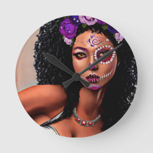 Beautiful Black African Woman Day Of the Dead Art  Round Clock