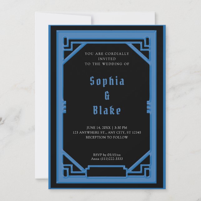 Beautiful Black and Blue Art Deco Wedding Invitation (Front)