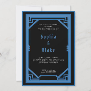Beautiful Black and Blue Art Deco Wedding Invitation