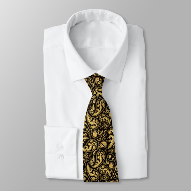 Beautiful Black and Gold Paisley Pattern Tie (Tied)