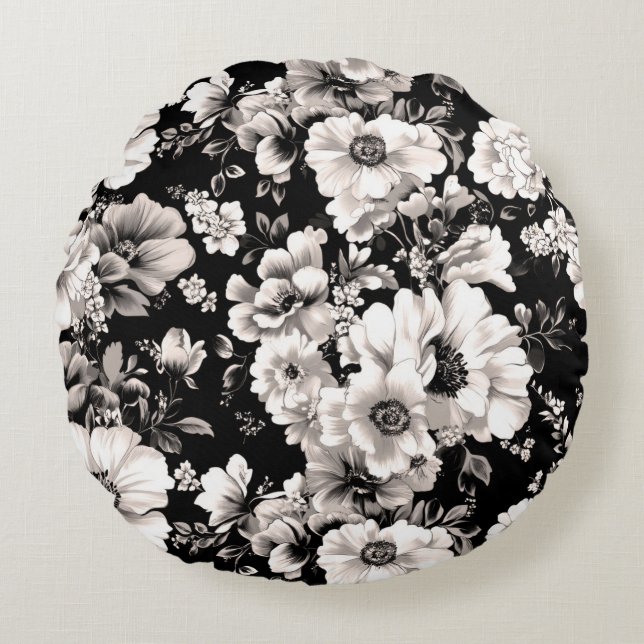 Beautiful black and light sepia tone floral  round cushion (Front)