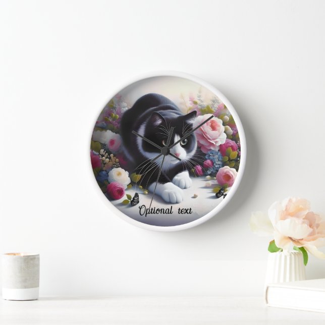 Beautiful Black and White Cat and Flowers Clock (Home)