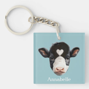 Beautiful Black and White Cow Face on Sky Blue Key Ring
