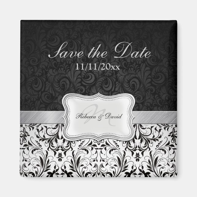 Beautiful Black and White Damask Save the Date Magnet (Front)