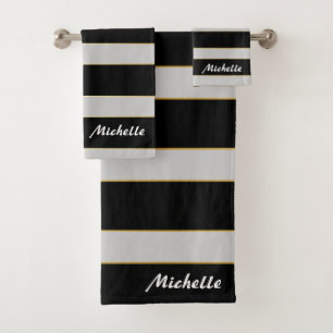 Beautiful Black and White , Gold Stripes Bath Towel Set