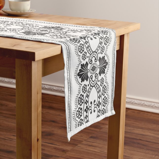 Beautiful Black and White Lace Pattern Short Table Runner (In Situ)