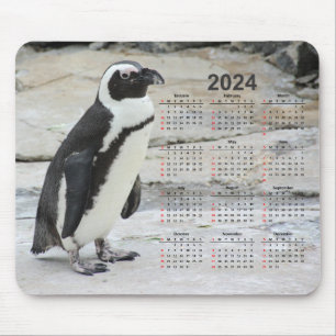 Beautiful Black and White Penguin 2024 Calendar Mouse Pad