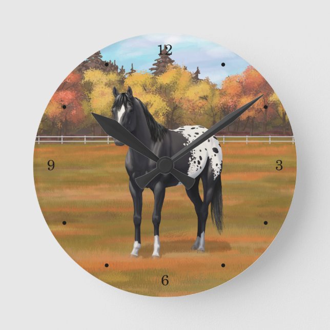 Beautiful Black Appaloosa Quarter Horse Stallion Round Clock (Front)
