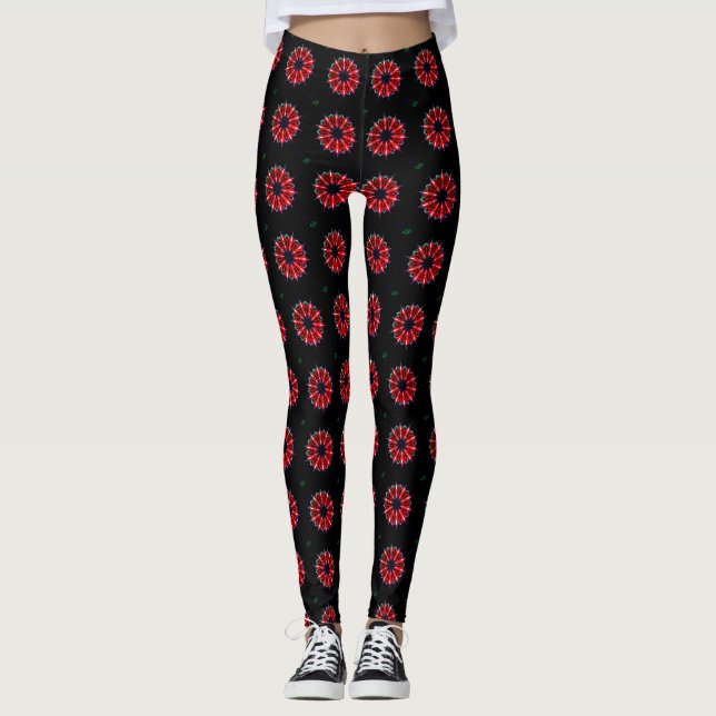 beautiful black big floral polkadot pattern design leggings (Front)