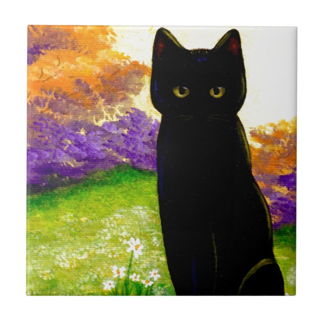 Beautiful Black Cat Floral Art Creationarts Tile (Front)