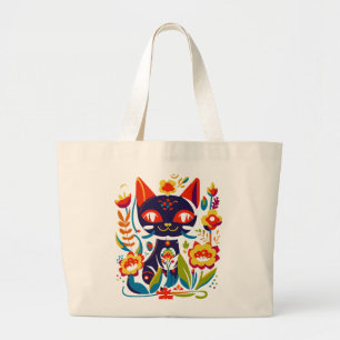 Beautiful Black Cat Folk Art Floral Illustration Large Tote Bag