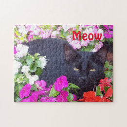 Beautiful Black Cat with Green Eyes in Flowers Jigsaw Puzzle